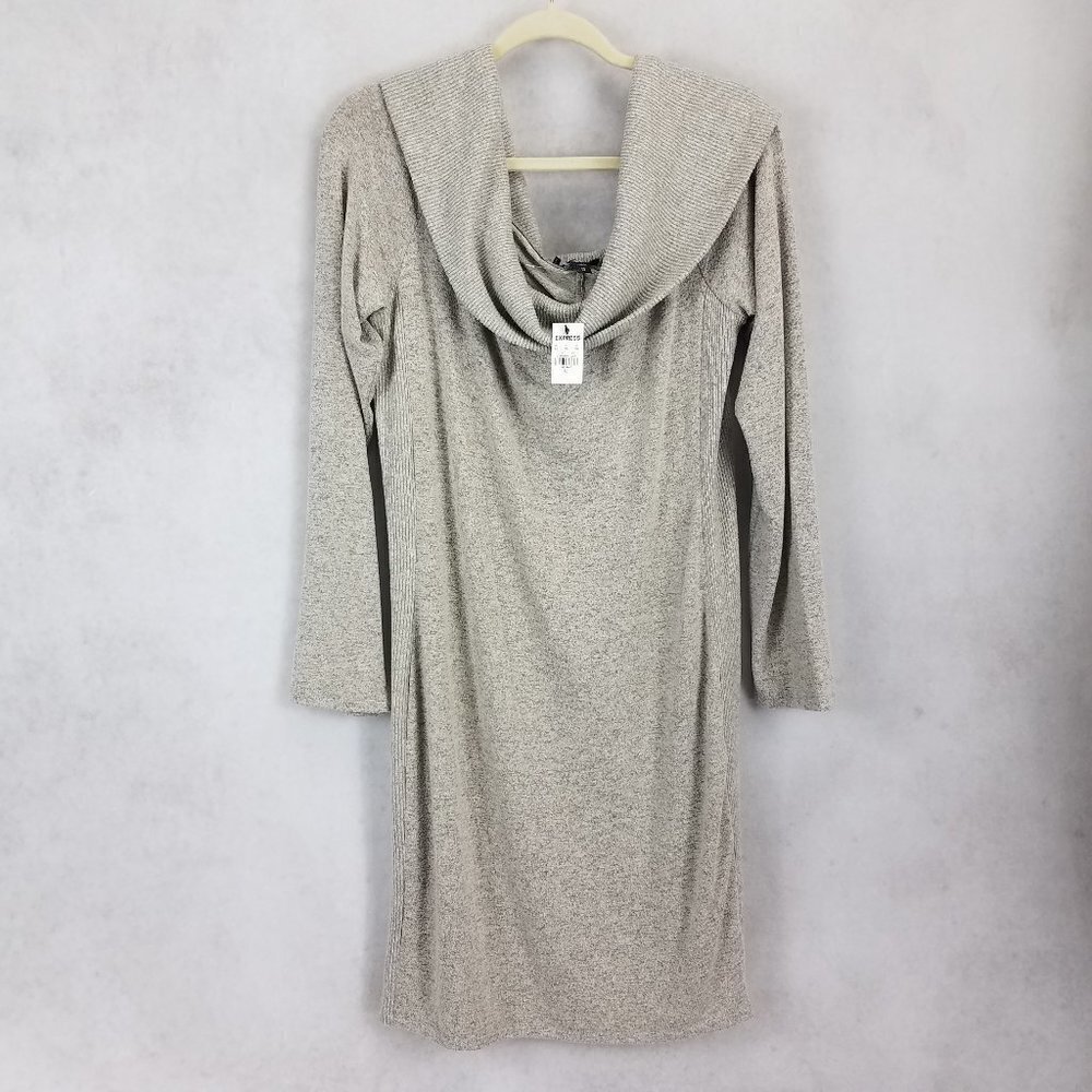 NWT Express XL Cowl Neck Sweater Dress Ribbed Knit Beige Oatmeal Fall Casual